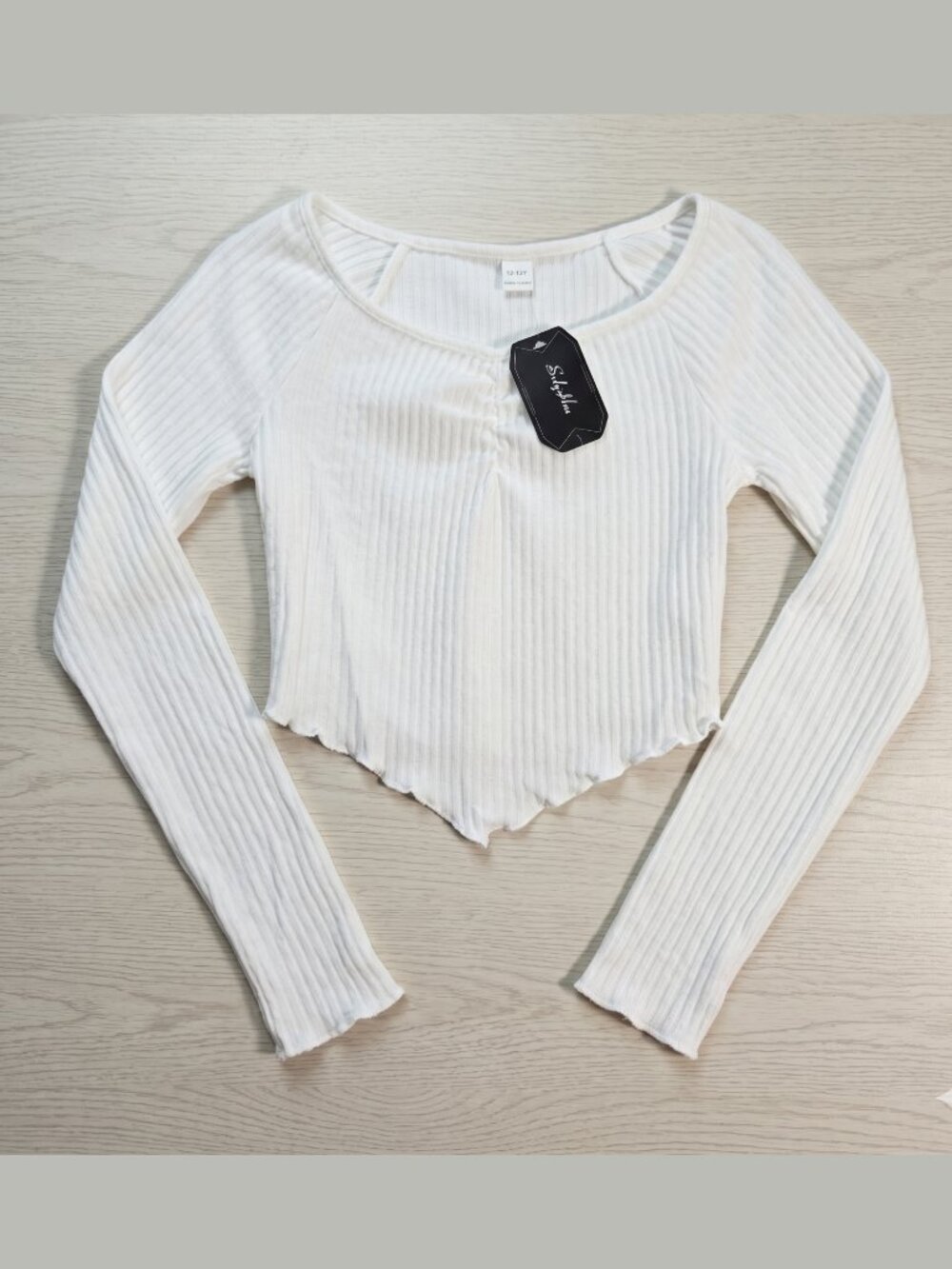 NWT | Girl's White Ribbed Knit Scoop Neck Lettuce Hem Cropped Long Sleeve 12-13y